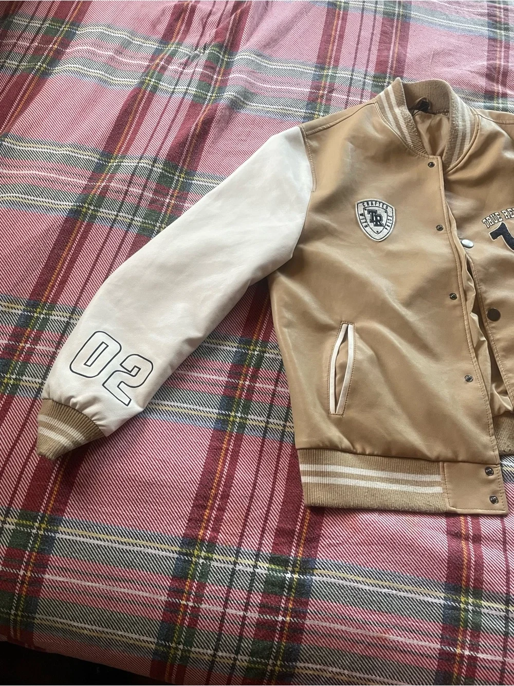 True Religion Tan and White Varsity Jacket